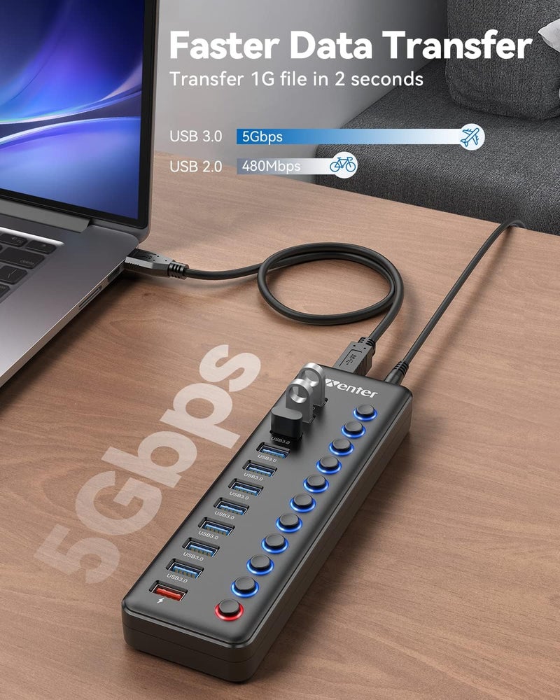 Wenter Powered USB Hub, 11-Port USB Splitter Hub (10 Faster Data Transfer Ports+ 1 Smart Charging Port) with Individual LED On/Off Switches, USB Hub 3.0 Powered with Power Adapter for Mac, PC - Image 3